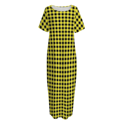 Yellow And Black Check Pattern Print Short Sleeve Long Nightdress