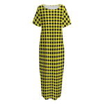 Yellow And Black Check Pattern Print Short Sleeve Long Nightdress