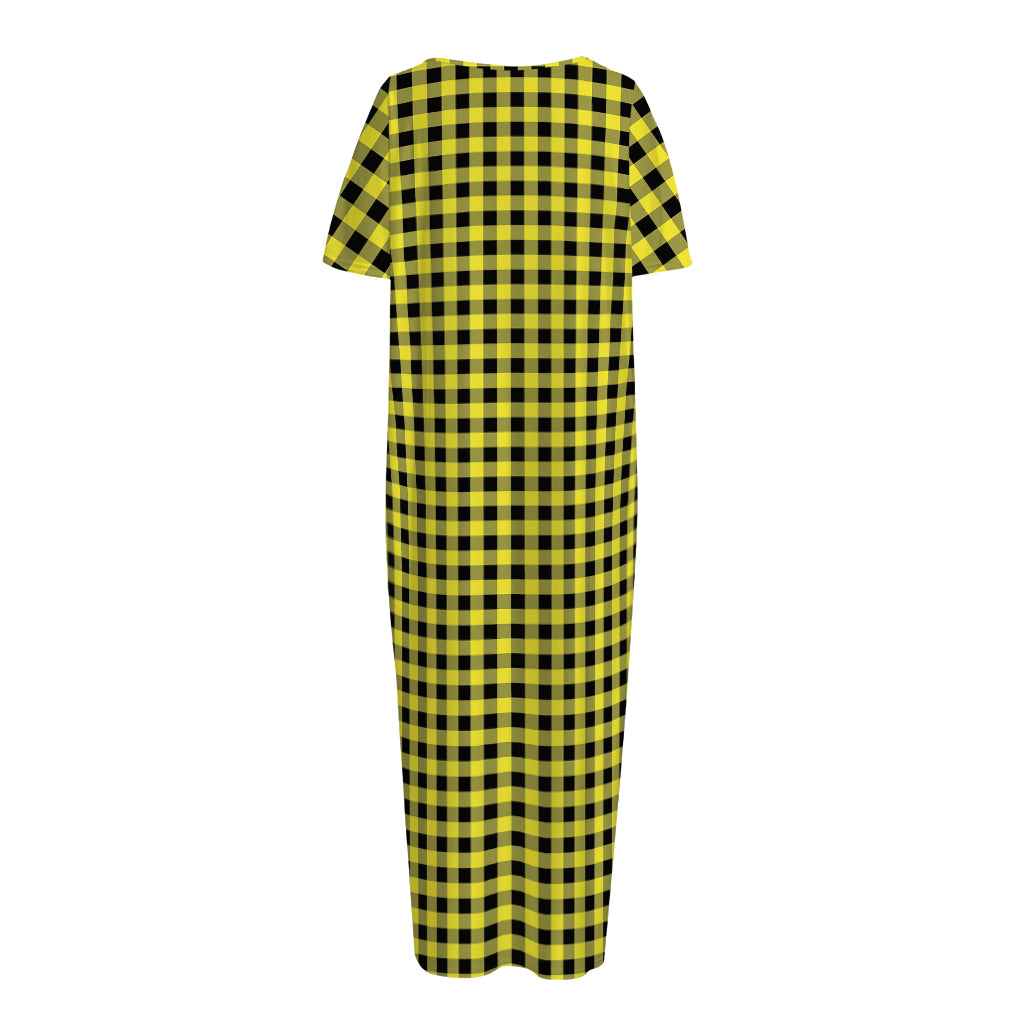 Yellow And Black Check Pattern Print Short Sleeve Long Nightdress