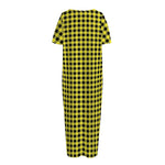 Yellow And Black Check Pattern Print Short Sleeve Long Nightdress