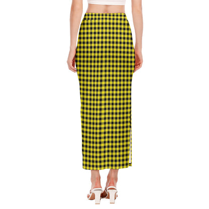 Yellow And Black Check Pattern Print Side Slit Maxi Skirt