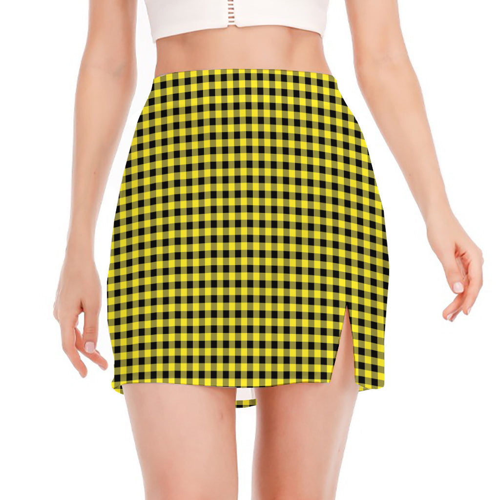 Yellow And Black Check Pattern Print Side Slit Mini Skirt