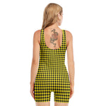 Yellow And Black Check Pattern Print Sleeveless One Piece Swimsuit