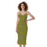Yellow And Black Check Pattern Print Slim Fit Midi Cami Dress