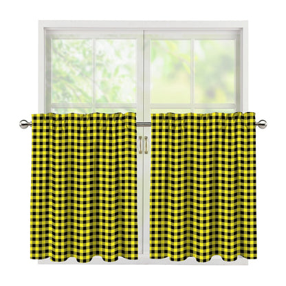 Yellow And Black Check Pattern Print Tier Curtains