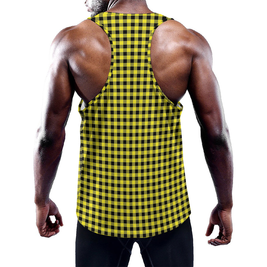 Yellow And Black Check Pattern Print Training Tank Top