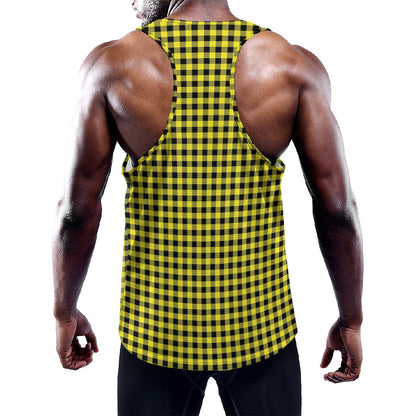 Yellow And Black Check Pattern Print Training Tank Top