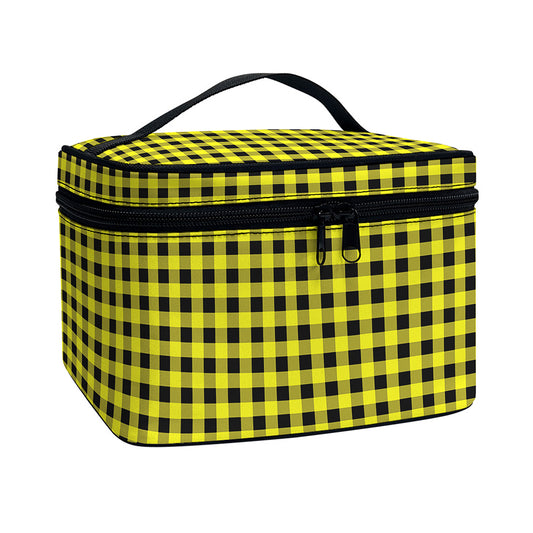 Yellow And Black Check Pattern Print Travel Makeup Bag