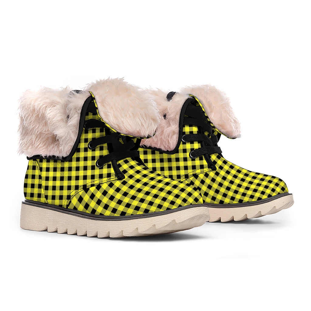 Yellow And Black Check Pattern Print Winter Boots