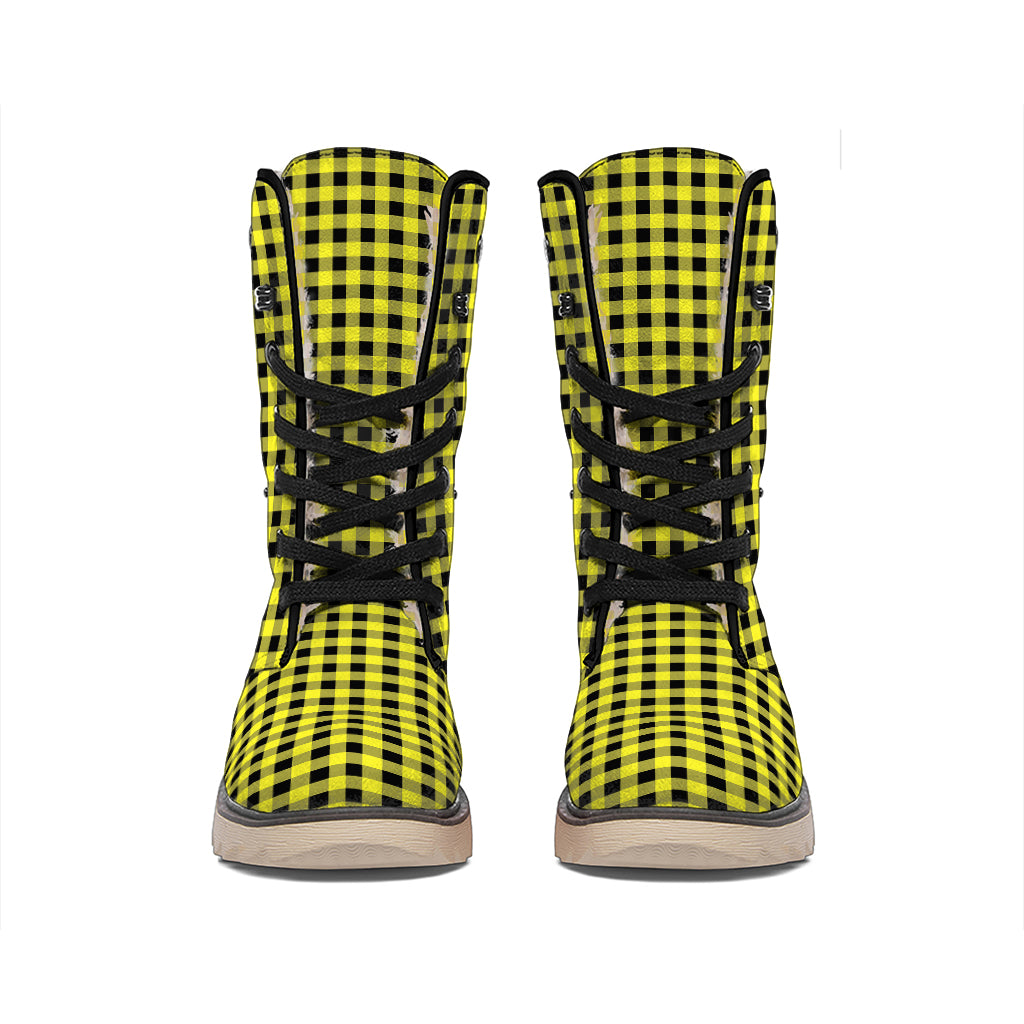 Yellow And Black Check Pattern Print Winter Boots