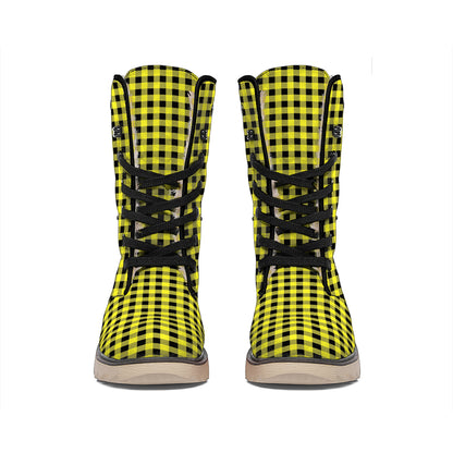 Yellow And Black Check Pattern Print Winter Boots