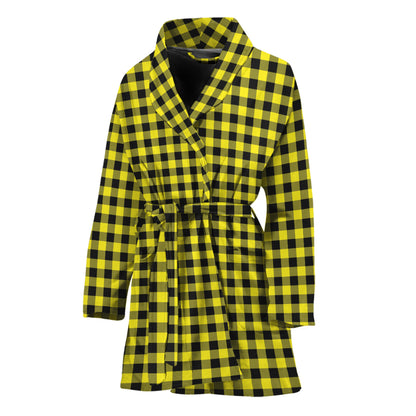 Yellow And Black Check Pattern Print Women's Bathrobe