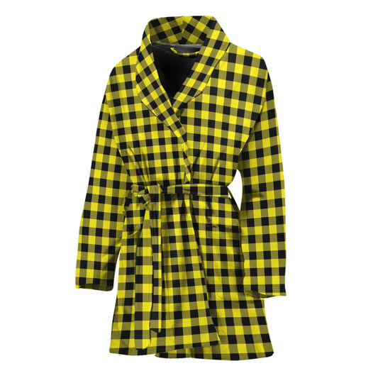 Yellow And Black Check Pattern Print Women's Bathrobe