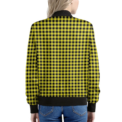 Yellow And Black Check Pattern Print Women's Bomber Jacket