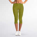 Yellow And Black Check Pattern Print Women's Capri Leggings