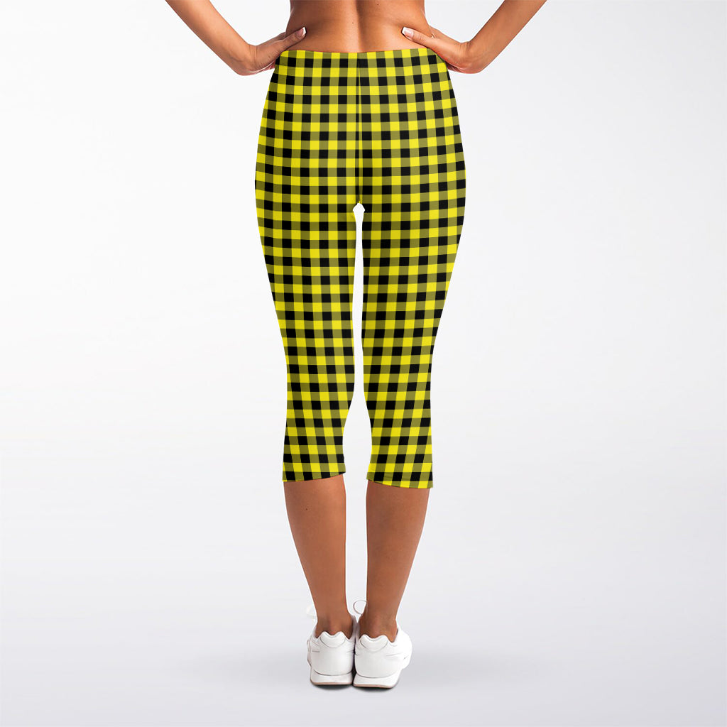 Yellow And Black Check Pattern Print Women's Capri Leggings