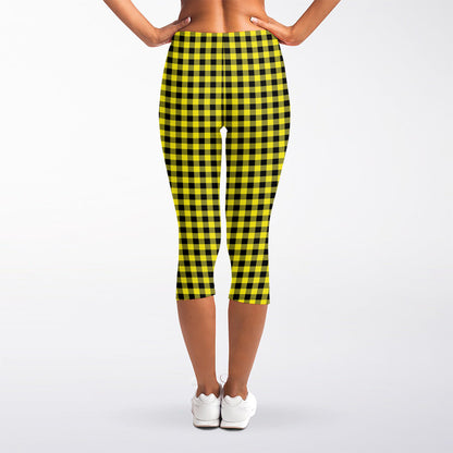 Yellow And Black Check Pattern Print Women's Capri Leggings