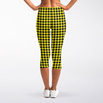 Yellow And Black Check Pattern Print Women's Capri Leggings