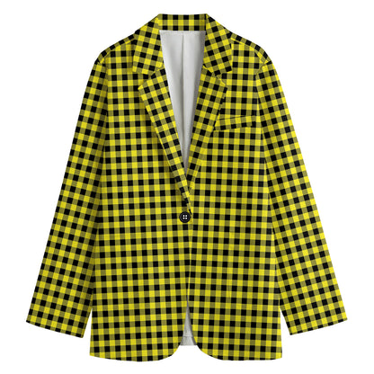 Yellow And Black Check Pattern Print Women's Cotton Blazer