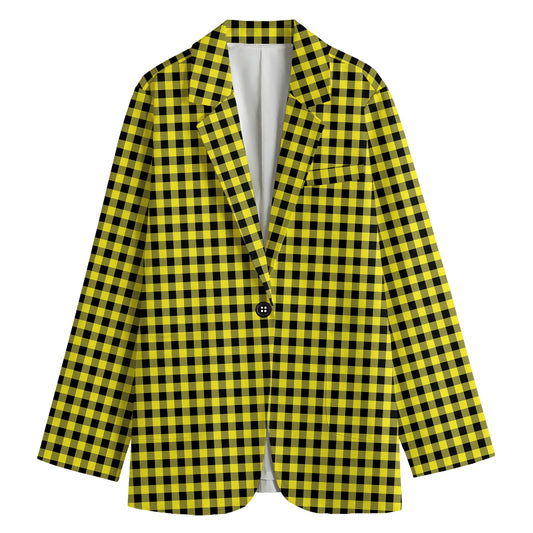 Yellow And Black Check Pattern Print Women's Cotton Blazer
