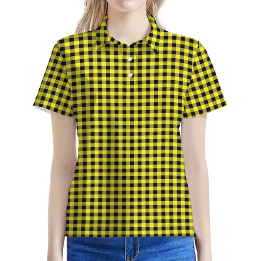Yellow And Black Check Pattern Print Women's Polo Shirt