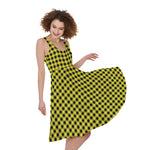 Yellow And Black Check Pattern Print Women's Sleeveless Dress