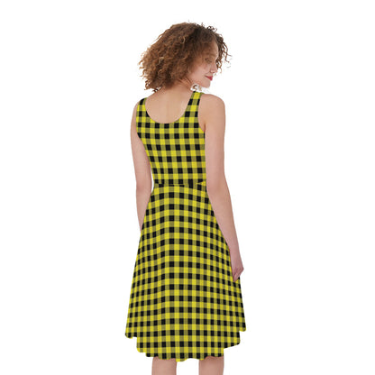 Yellow And Black Check Pattern Print Women's Sleeveless Dress