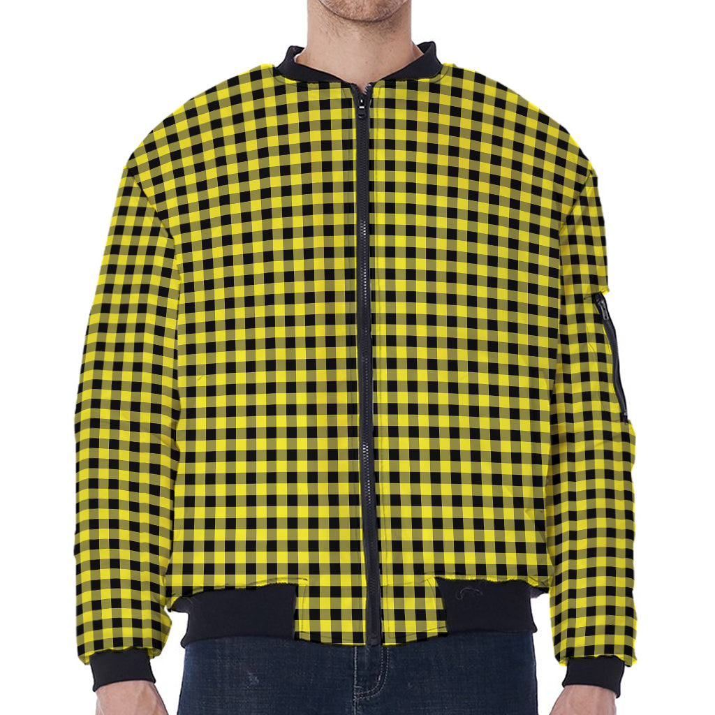 Yellow And Black Check Pattern Print Zip Sleeve Bomber Jacket