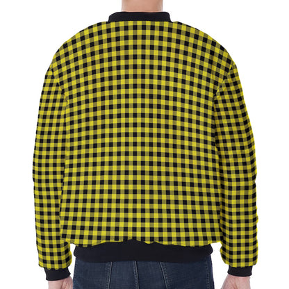 Yellow And Black Check Pattern Print Zip Sleeve Bomber Jacket