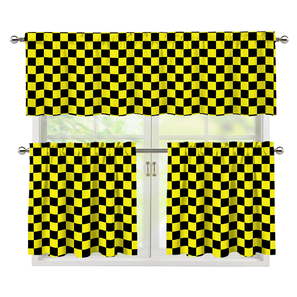 Yellow And Black Checkered Pattern Print 3 Piece Kitchen Curtains