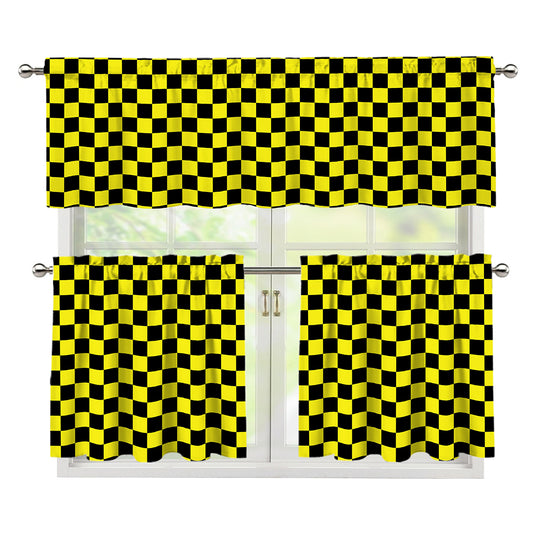 Yellow And Black Checkered Pattern Print 3 Piece Kitchen Curtains