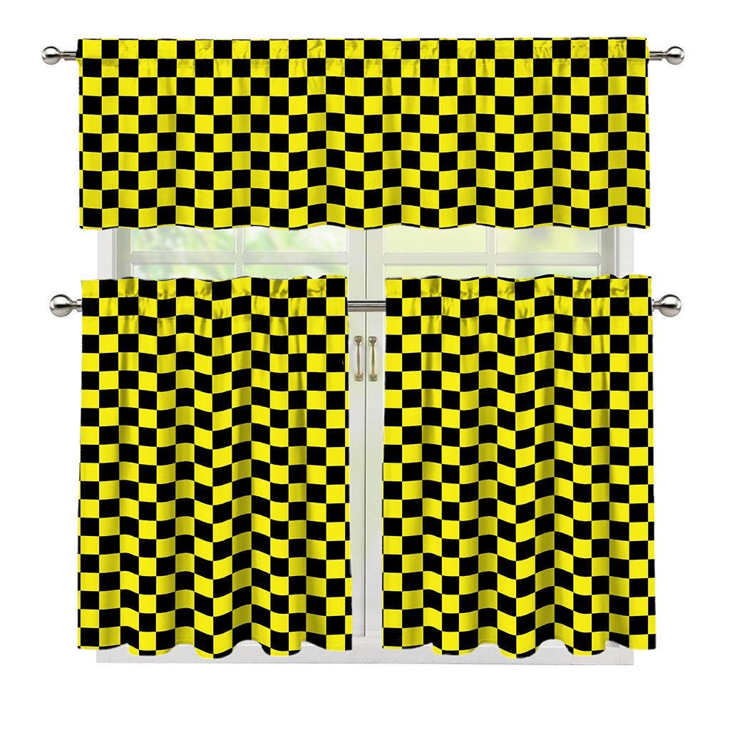 Yellow And Black Checkered Pattern Print 3 Piece Kitchen Curtains