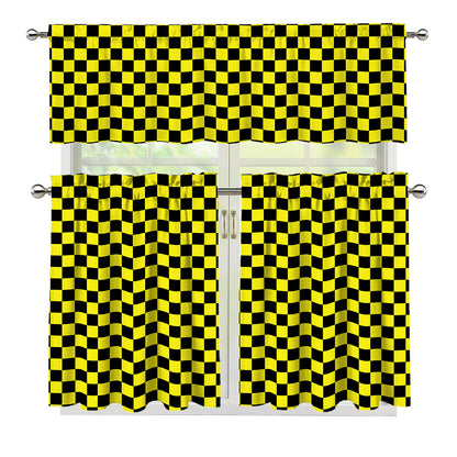 Yellow And Black Checkered Pattern Print 3 Piece Kitchen Curtains