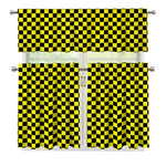Yellow And Black Checkered Pattern Print 3 Piece Kitchen Curtains