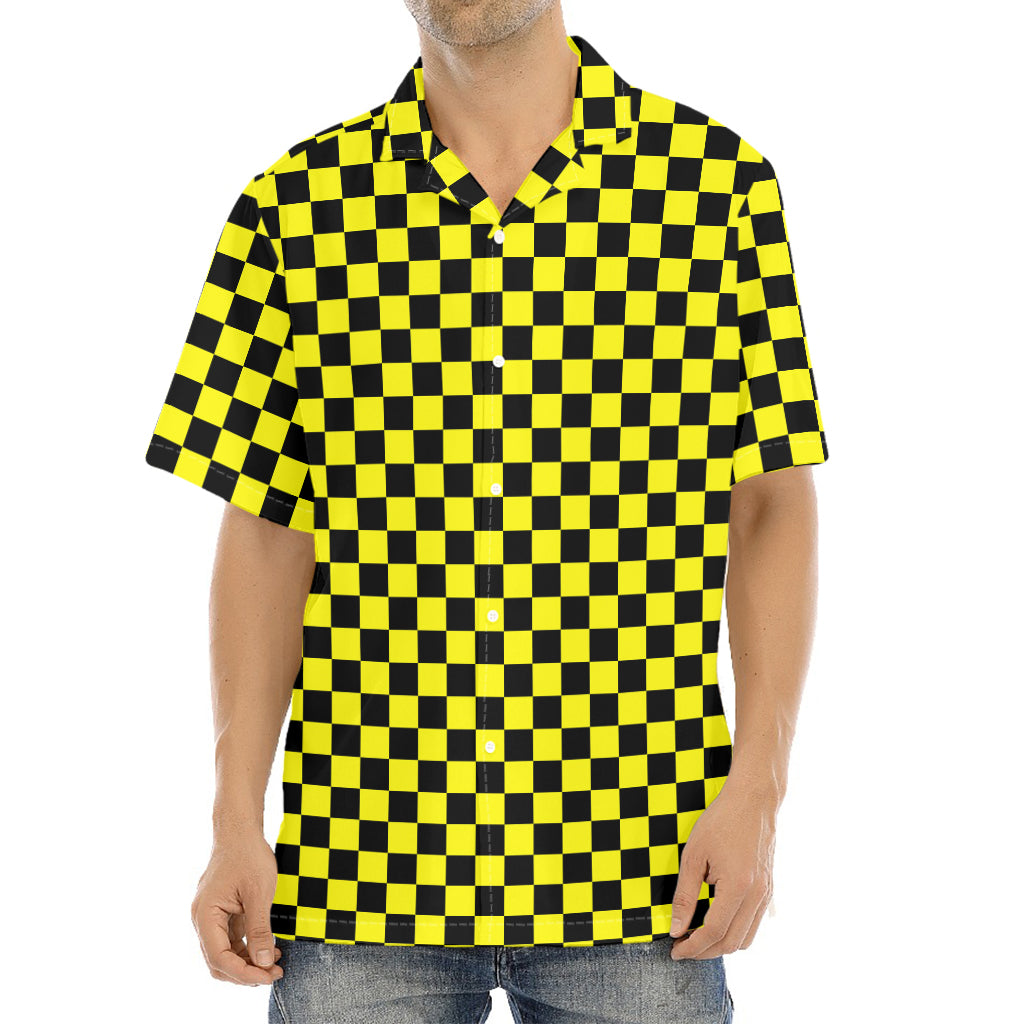 Yellow And Black Checkered Pattern Print Aloha Shirt