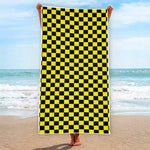 Yellow And Black Checkered Pattern Print Beach Towel
