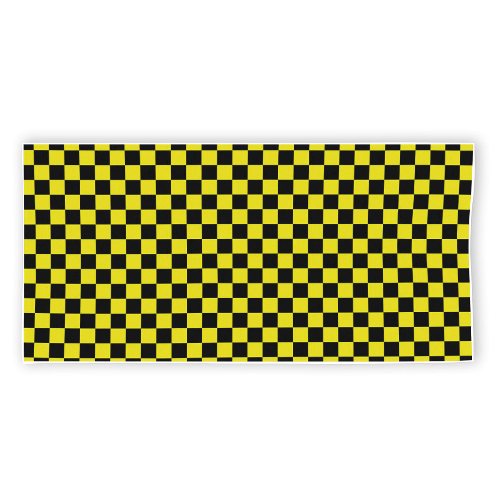 Yellow And Black Checkered Pattern Print Beach Towel