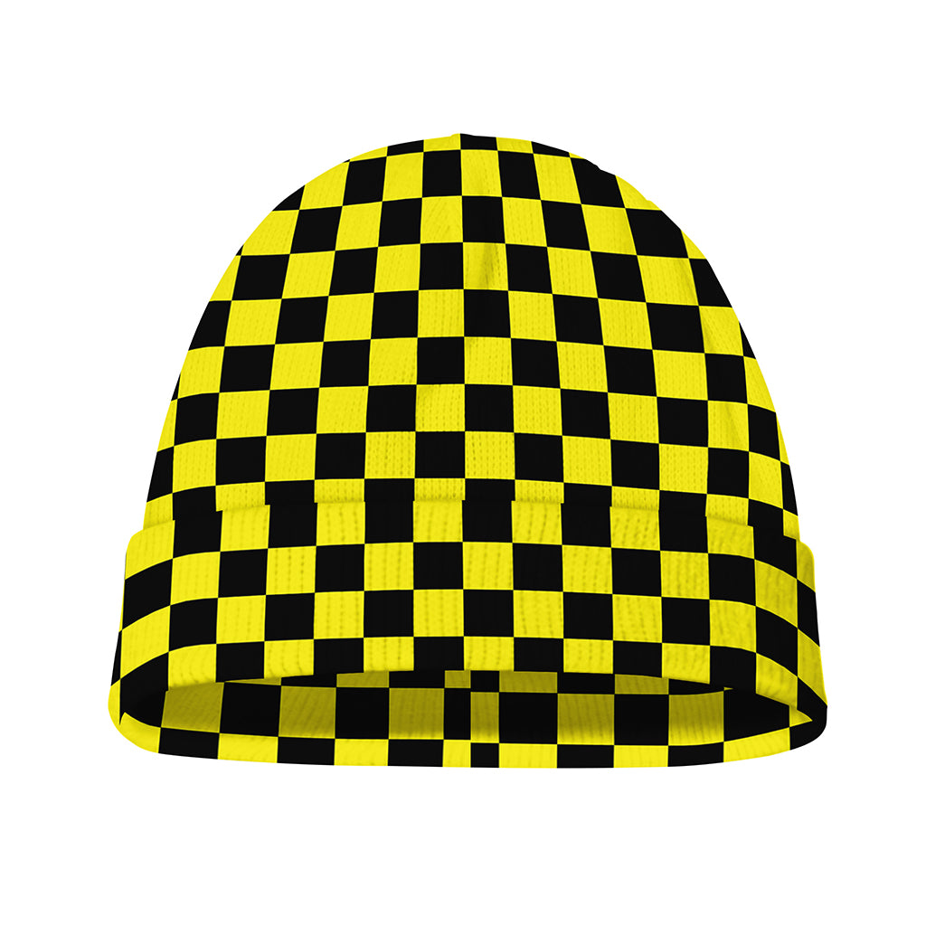 Yellow And Black Checkered Pattern Print Beanie