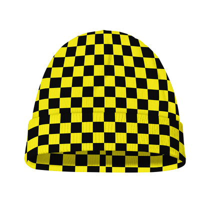 Yellow And Black Checkered Pattern Print Beanie