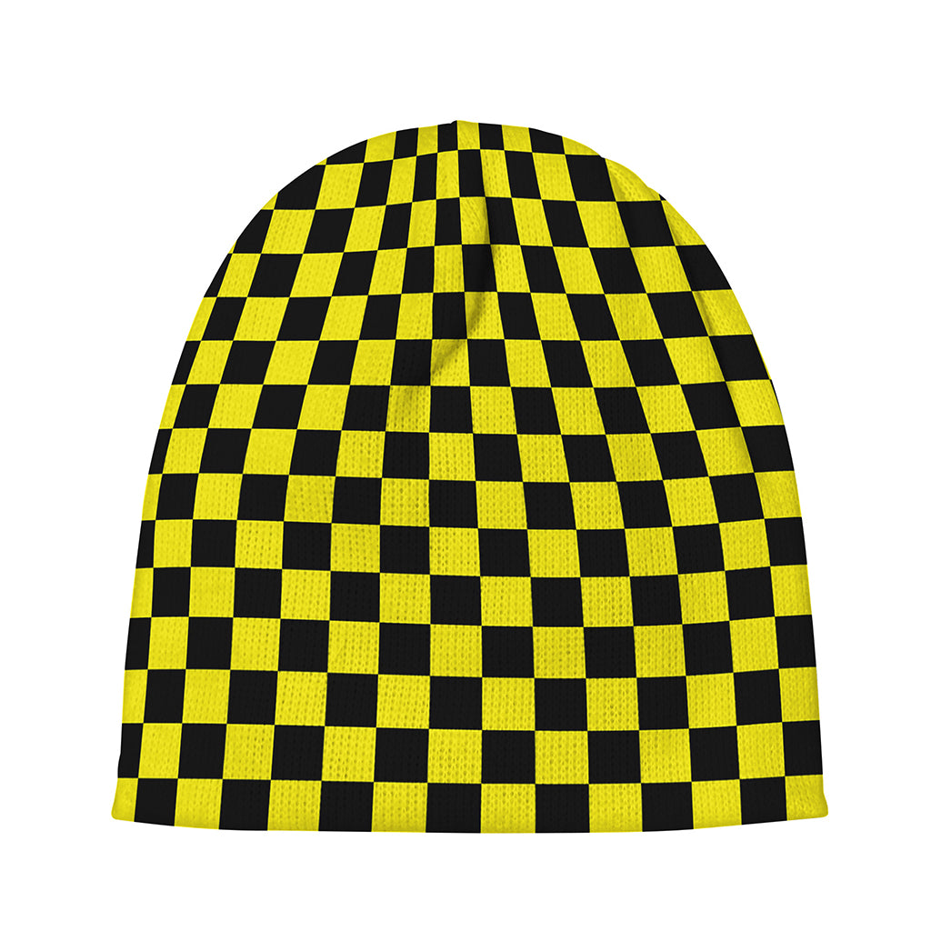 Yellow And Black Checkered Pattern Print Beanie