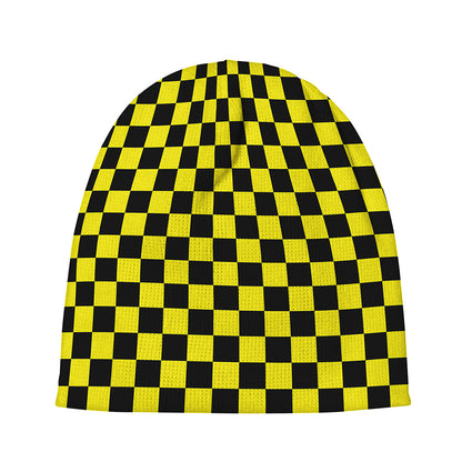 Yellow And Black Checkered Pattern Print Beanie