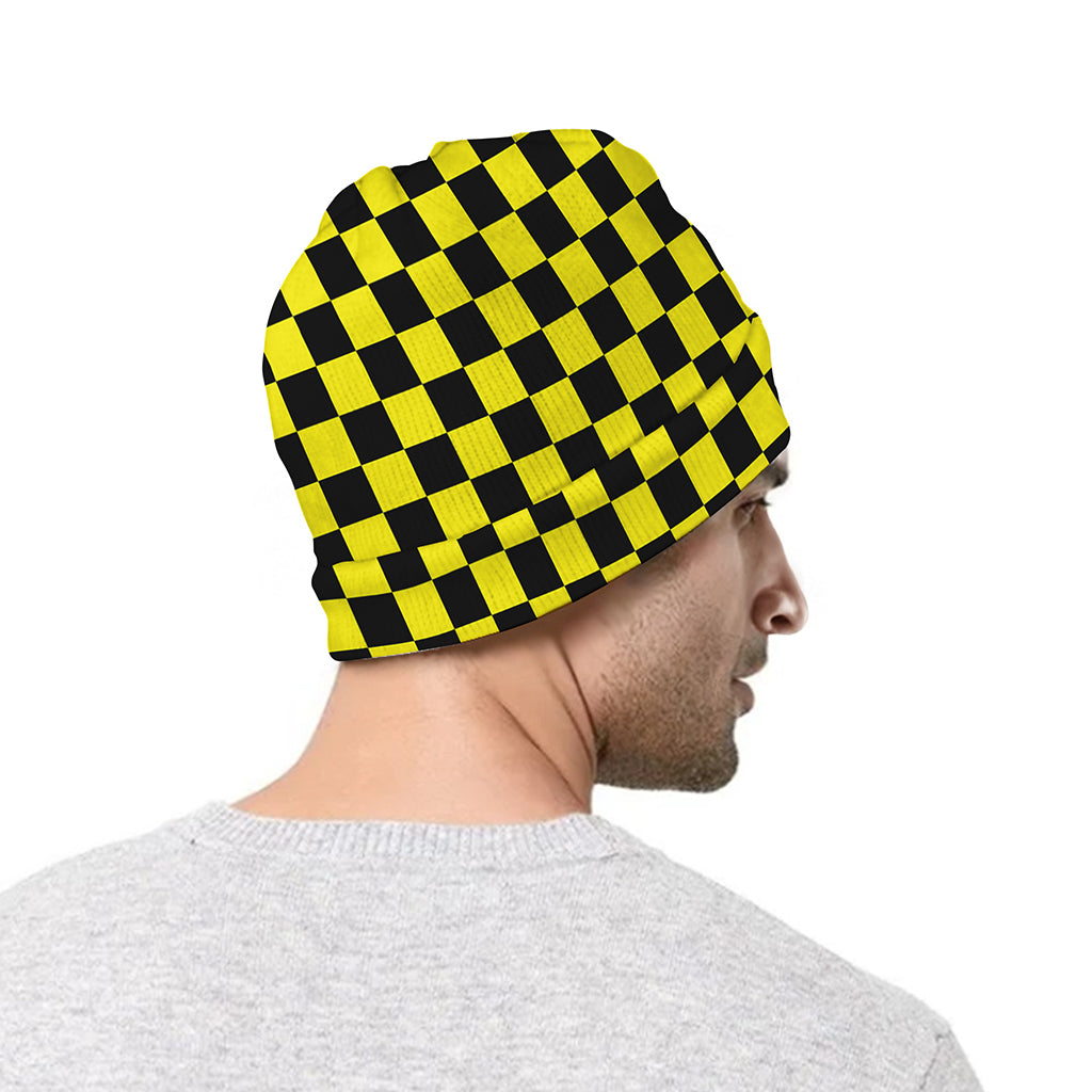 Yellow And Black Checkered Pattern Print Beanie