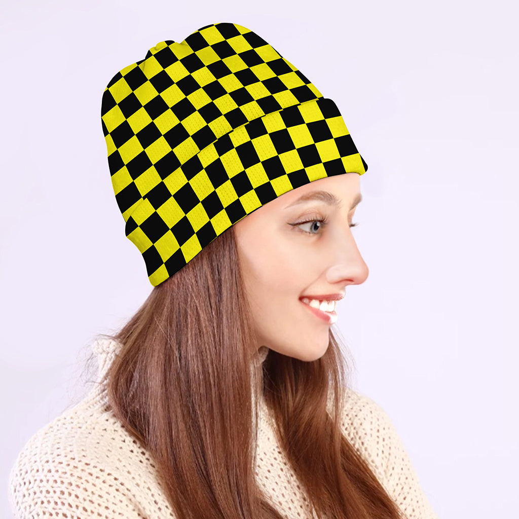 Yellow And Black Checkered Pattern Print Beanie