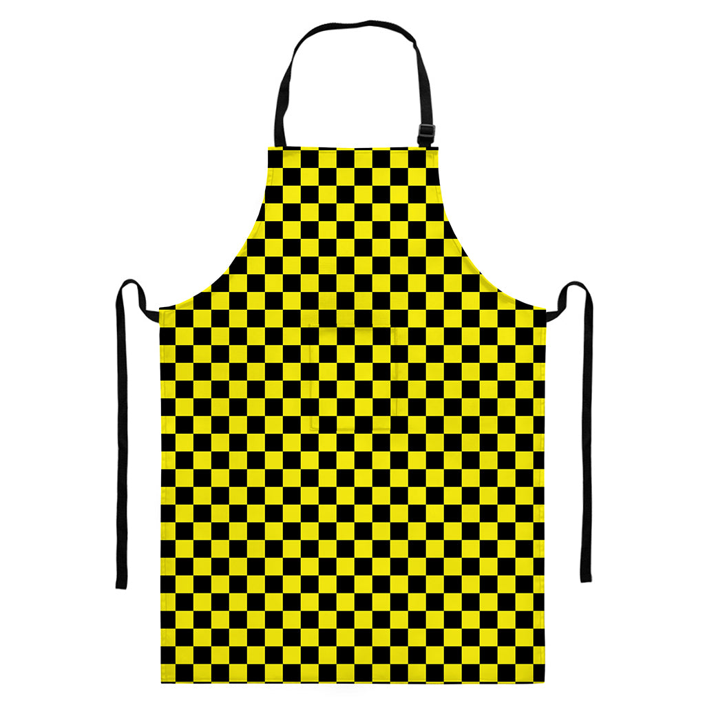 Yellow And Black Checkered Pattern Print Bib Apron With Pocket