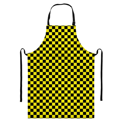 Yellow And Black Checkered Pattern Print Bib Apron With Pocket