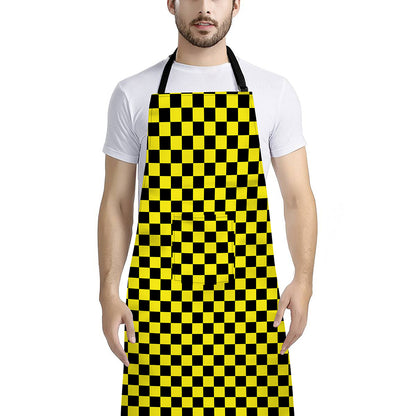 Yellow And Black Checkered Pattern Print Bib Apron With Pocket
