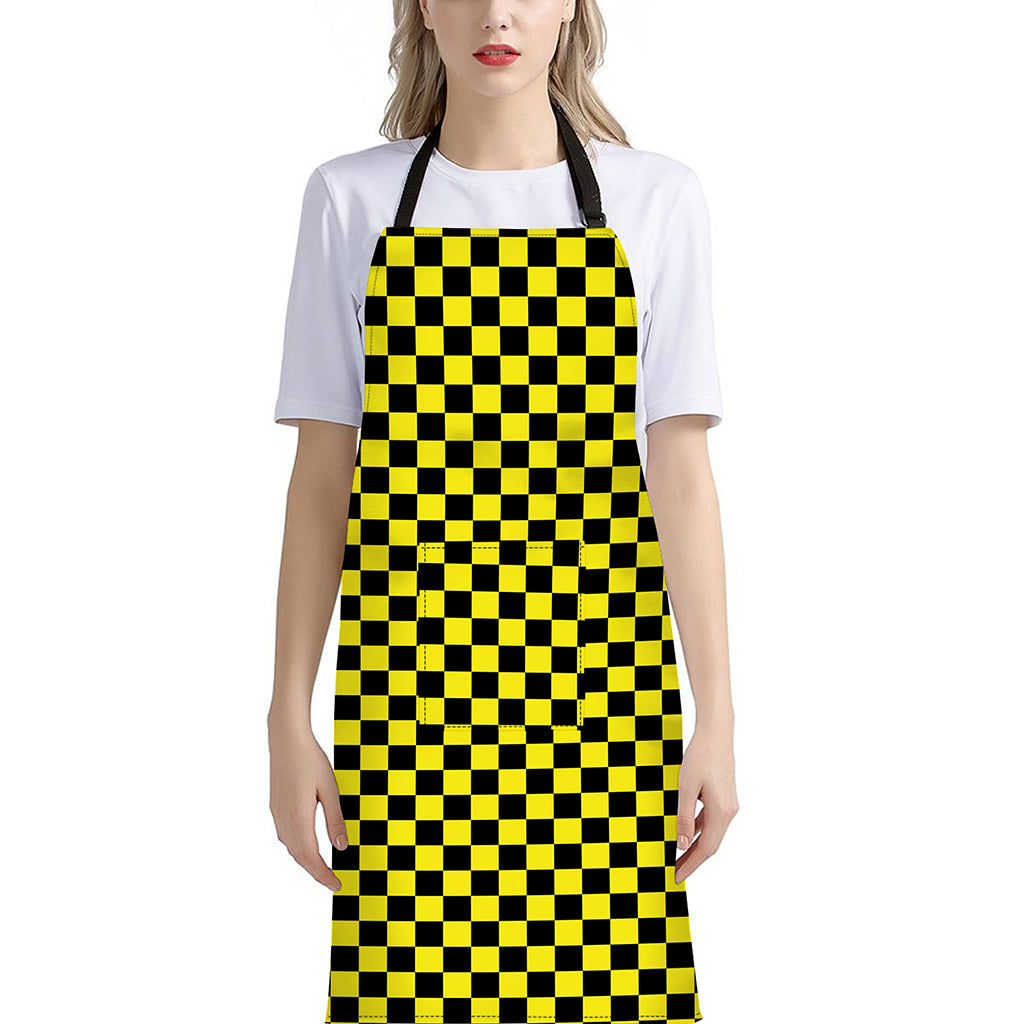 Yellow And Black Checkered Pattern Print Bib Apron With Pocket