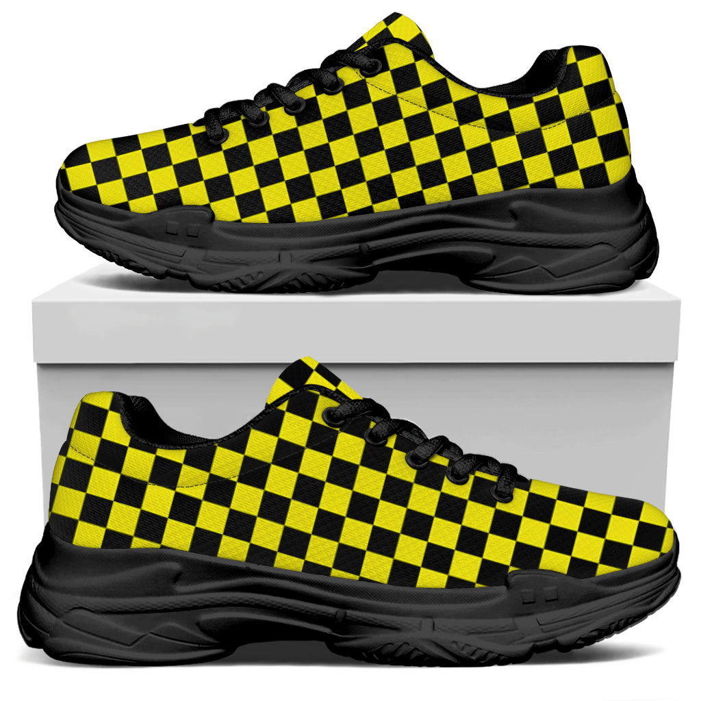 Yellow And Black Checkered Pattern Print Black Chunky Shoes