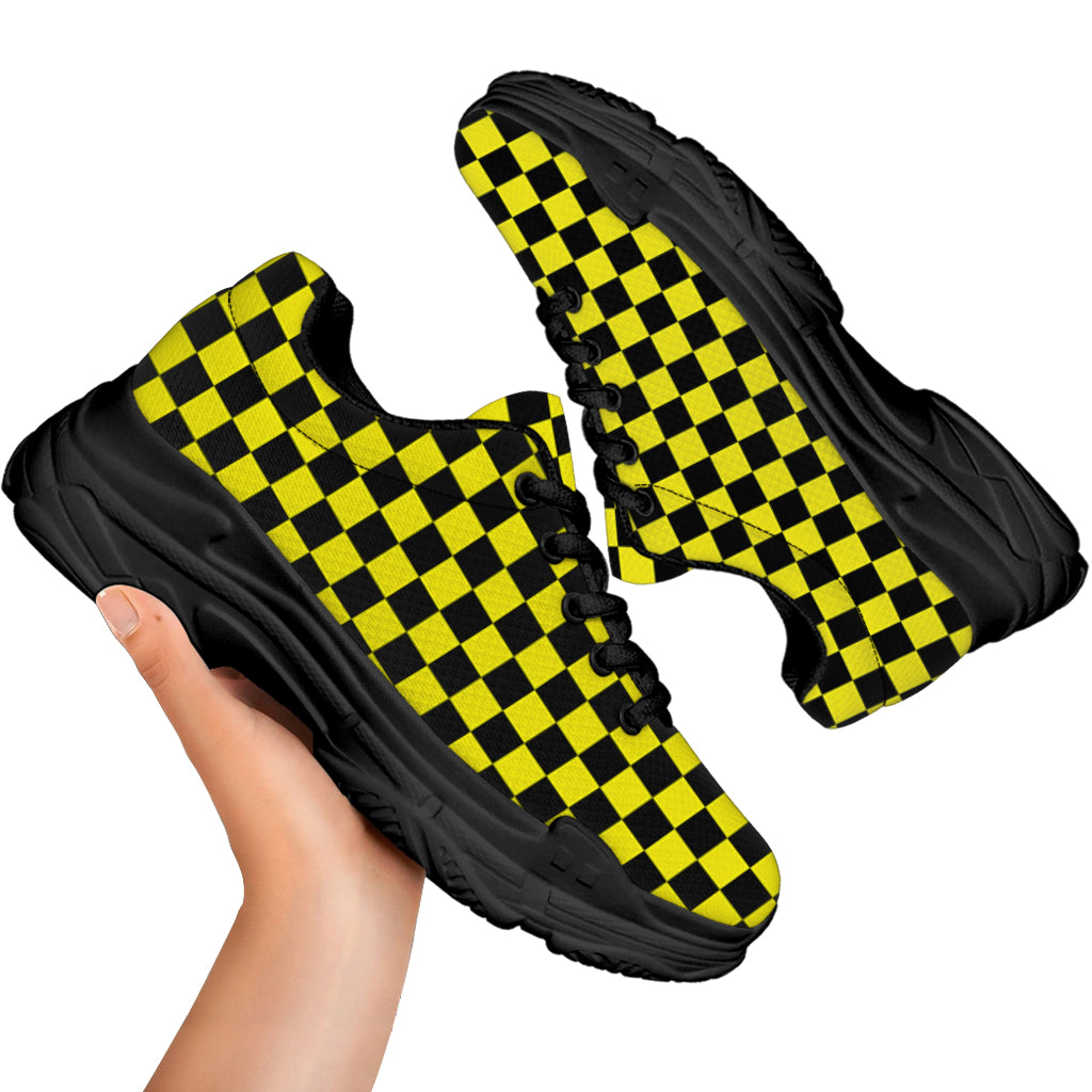 Yellow And Black Checkered Pattern Print Black Chunky Shoes
