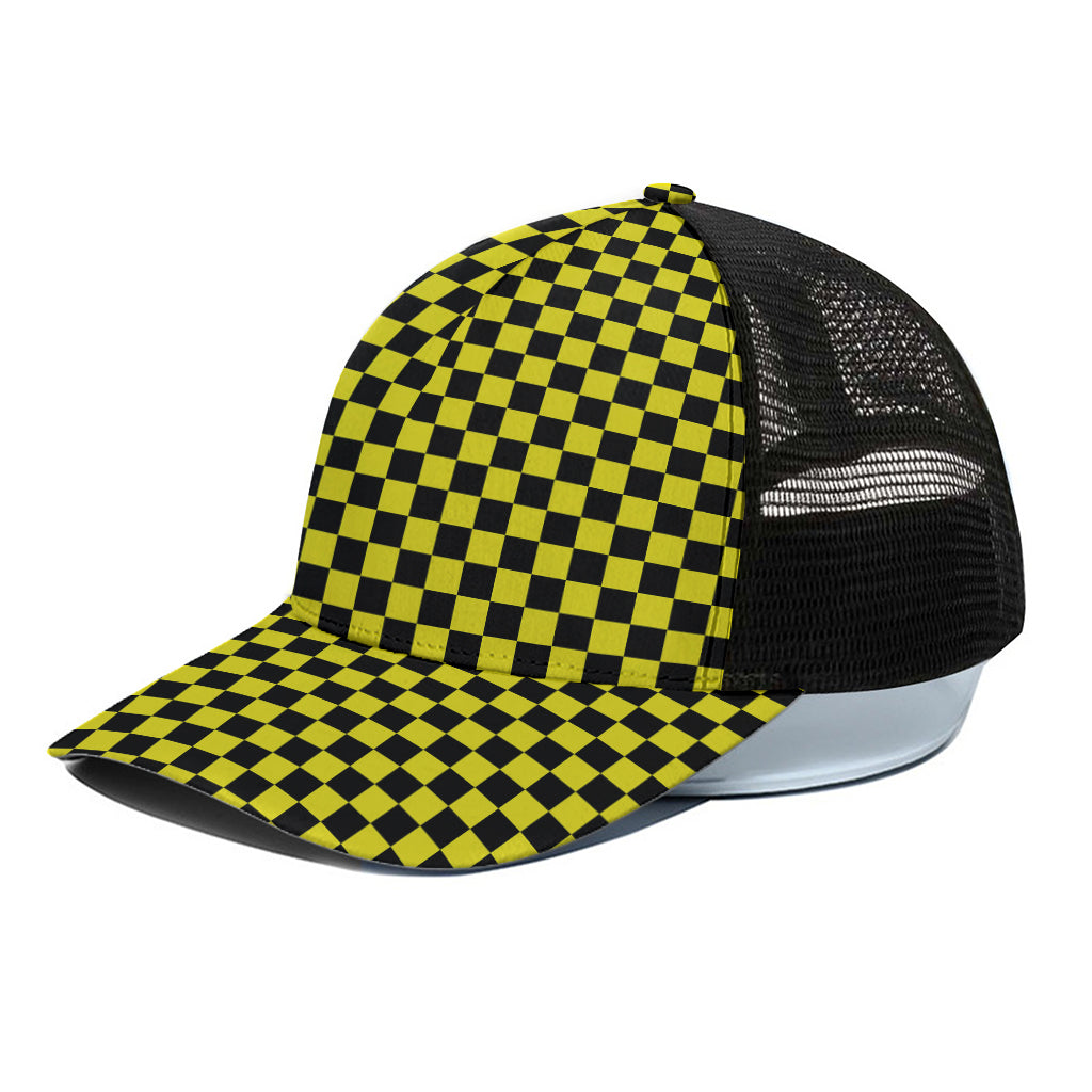 Yellow And Black Checkered Pattern Print Black Mesh Trucker Cap